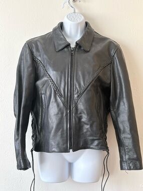Women's Black Leather Zip Front Jacket